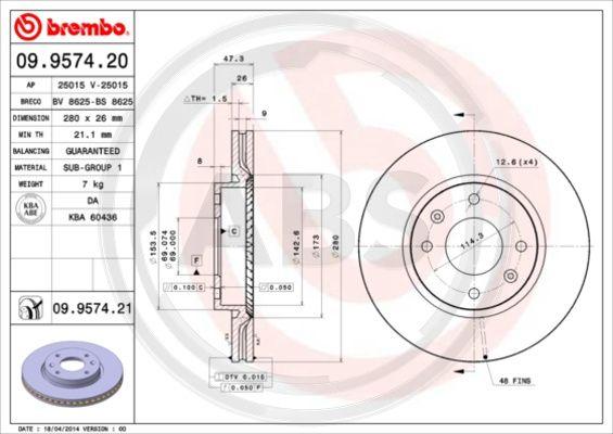 A.B.S. 09.9574.21 - Тормозной диск autosila-amz.com