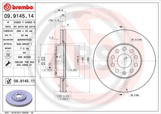 A.B.S. 09.9145.11 - Тормозной диск autosila-amz.com