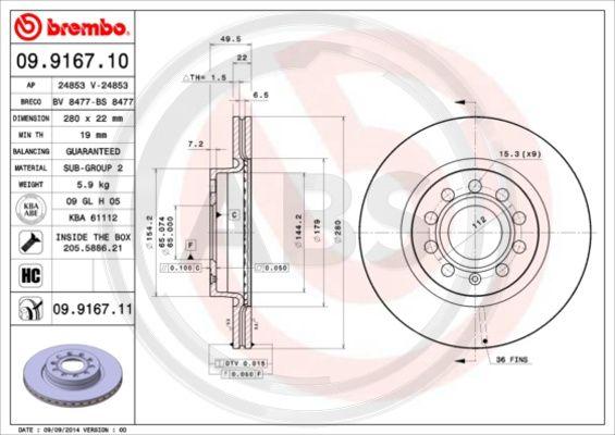 A.B.S. 09.9167.11 - Тормозной диск autosila-amz.com