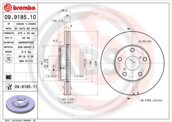 A.B.S. 09.9185.11 - Тормозной диск autosila-amz.com