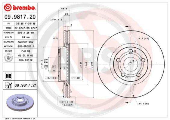 A.B.S. 09.9817.21 - Тормозной диск autosila-amz.com