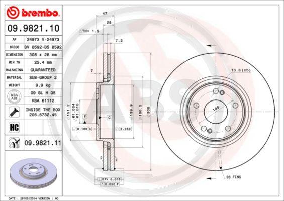 A.B.S. 09.9821.11 - Тормозной диск autosila-amz.com