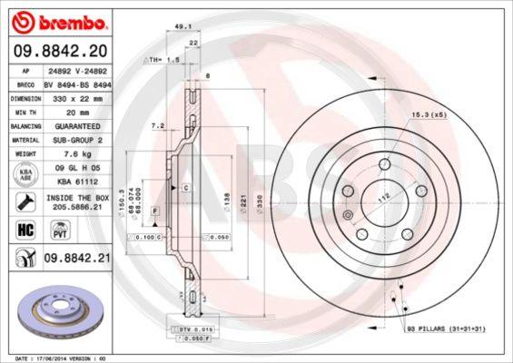 A.B.S. 09.8842.21 - Тормозной диск autosila-amz.com