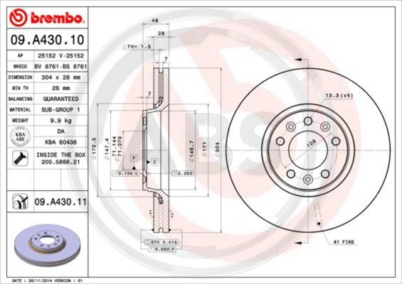 A.B.S. 09.A430.11 - Тормозной диск autosila-amz.com