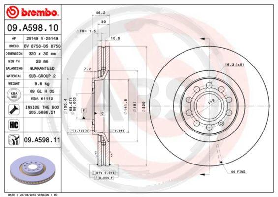 A.B.S. 09.A598.11 - Тормозной диск autosila-amz.com