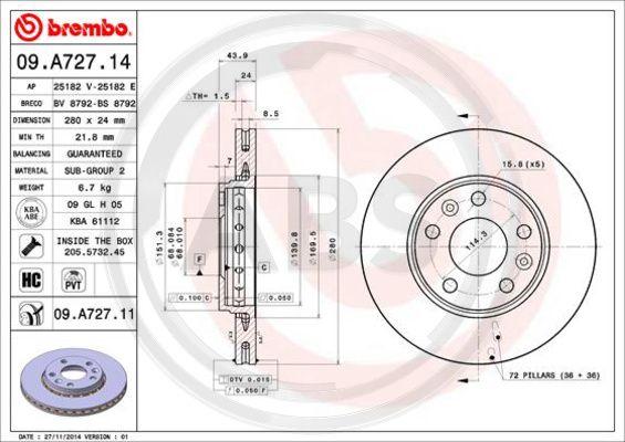 A.B.S. 09.A727.11 - Тормозной диск autosila-amz.com