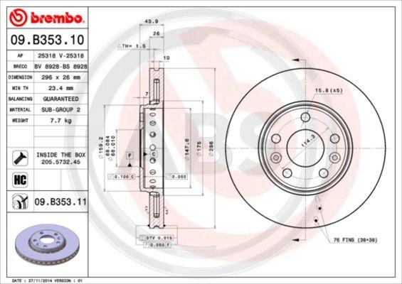 A.B.S. 09.B353.10 - Тормозной диск autosila-amz.com