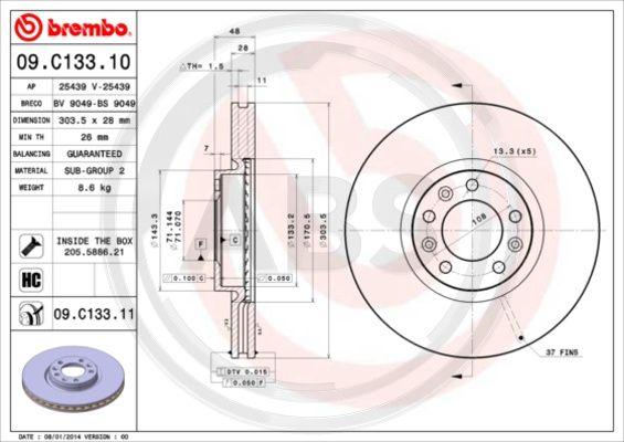 A.B.S. 09.C133.11 - Тормозной диск autosila-amz.com