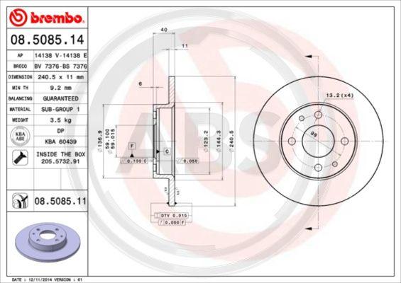 A.B.S. 08.5085.11 - Тормозной диск autosila-amz.com