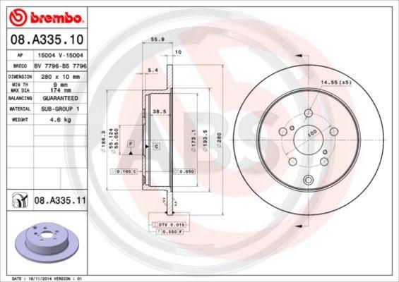 A.B.S. 08.A335.10 - Тормозной диск autosila-amz.com