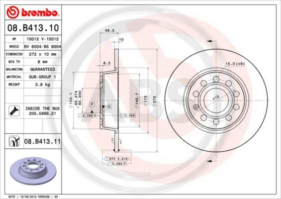 A.B.S. 08.B413.11 - Тормозной диск autosila-amz.com