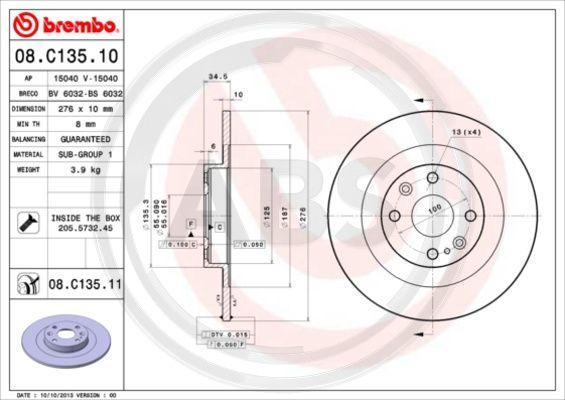 A.B.S. 08.C135.11 - Тормозной диск autosila-amz.com