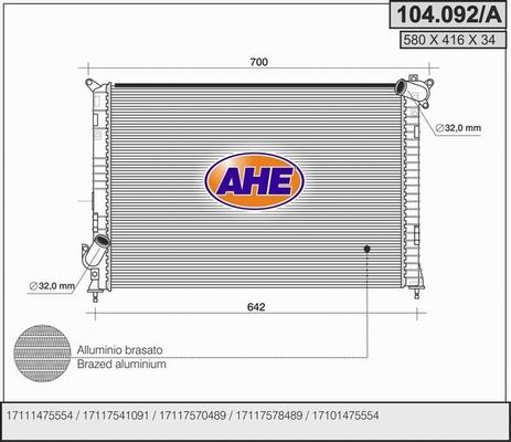 AHE 104.092/A - Радиатор, охлаждение двигателя autosila-amz.com
