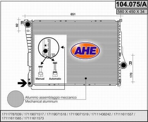 AHE 104.075/A - Радиатор, охлаждение двигателя autosila-amz.com