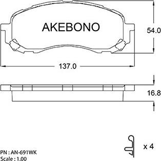 Akebono AN-691WK - Тормозные колодки, дисковые, комплект autosila-amz.com