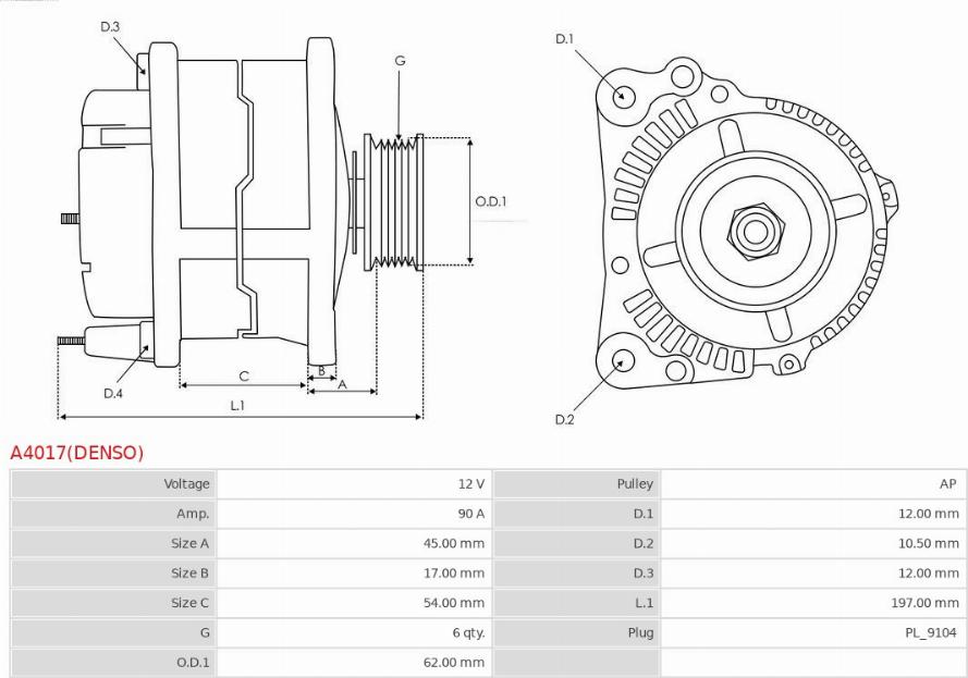 AS-PL A4017(DENSO) - Генератор autosila-amz.com