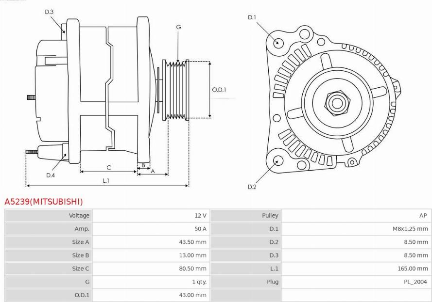 AS-PL A5239(MITSUBISHI) - Генератор autosila-amz.com