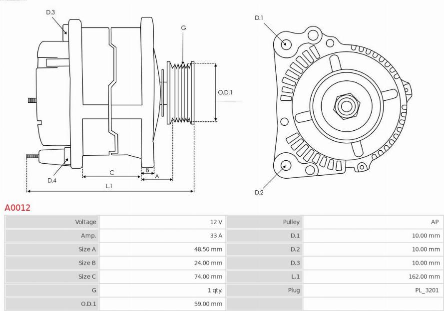 AS-PL A0012 - Генератор восстановленный autosila-amz.com