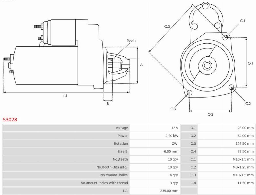 AS-PL S3028 - Стартер восстановленный autosila-amz.com