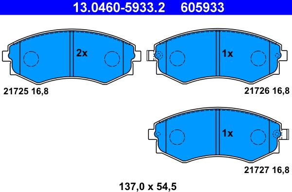 ATE 13.0460-5933.2 - Тормозные колодки перед.Hyundai Lantra -00/Sonata -01/Matrix 01- 1.5-3.0 autosila-amz.com