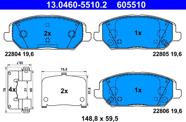 ATE 13.0460-5510.2 - Тормозные колодки, дисковые, комплект autosila-amz.com