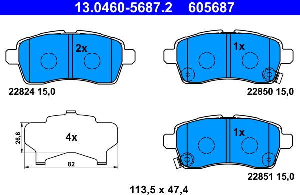 ATE 13.0460-5687.2 - Тормозные колодки, дисковые, комплект autosila-amz.com