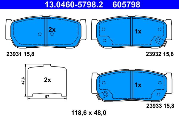 ATE 13.0460-5798.2 - Тормозные колодки, дисковые, комплект autosila-amz.com