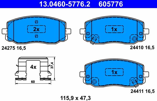 ATE 13.0460-5776.2 - Тормозные колодки к-т, пд hyundai i10, i20 kia picanto 1.0-1.2 04.04- autosila-amz.com