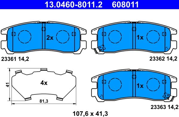 ATE 13.0460-8011.2 - колодки дисковые ! задн. 107.6x41.3x14.2 \\OPEL SINTRA 2.2 DTI (1997>1999), i 16V (1996>1999), 3.0 24 autosila-amz.com