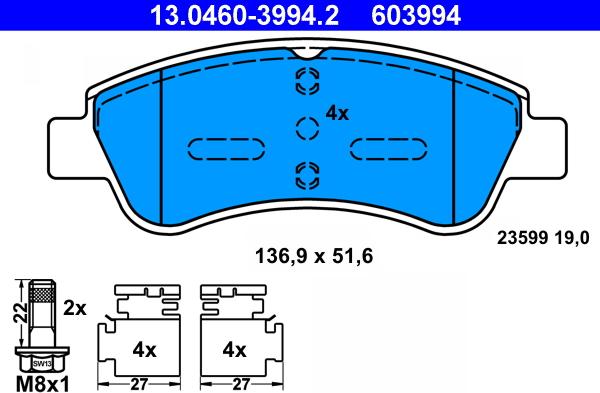 ATE 13.0460-3994.2 - Тормозные колодки, дисковые, комплект autosila-amz.com