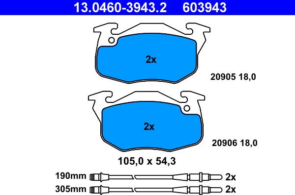 ATE 13.0460-3943.2 - Тормозные колодки, дисковые, комплект autosila-amz.com