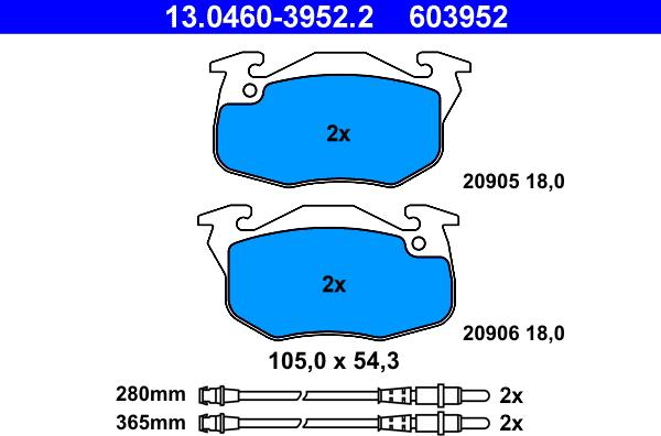 ATE 13.0460-3952.2 - Тормозные колодки, дисковые, комплект autosila-amz.com