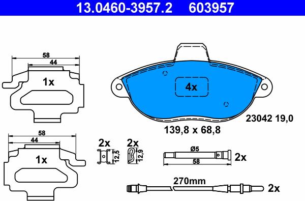 ATE 13.0460-3957.2 - Тормозные колодки, дисковые, комплект autosila-amz.com