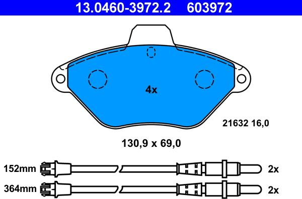 ATE 13.0460-3972.2 - Тормозные колодки, дисковые, комплект autosila-amz.com