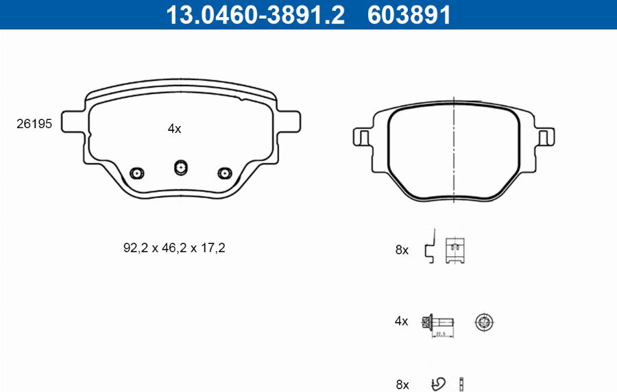 ATE 13.0460-3891.2 - Тормозные колодки, дисковые, комплект autosila-amz.com