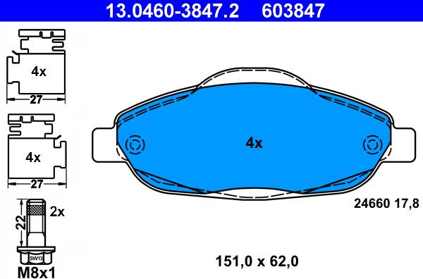 ATE 13.0460-3847.2 - Тормозные колодки, дисковые, комплект autosila-amz.com