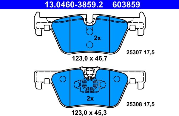 ATE 13.0460-3859.2 - Колодки тормозные дисковые задн, BMW: 1 114 d/114 i/116 d/116 i/118 d/118 i/120 d/120 d xDrive/125 d autosila-amz.com