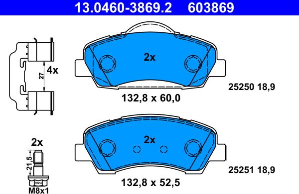 ATE 13.0460-3869.2 - Тормозные колодки, дисковые, комплект autosila-amz.com