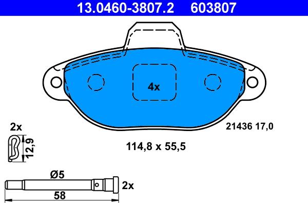 ATE 13.0460-3807.2 - колодки дисковые ! перед. 114.8x55.5x17.0 \FIAT PANDA 1.1 (2003>), (2004>), 1.2 autosila-amz.com