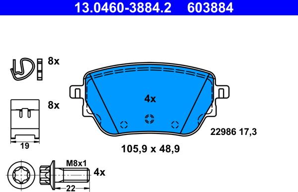 ATE 13.0460-3884.2 - Тормозные колодки, дисковые, комплект autosila-amz.com