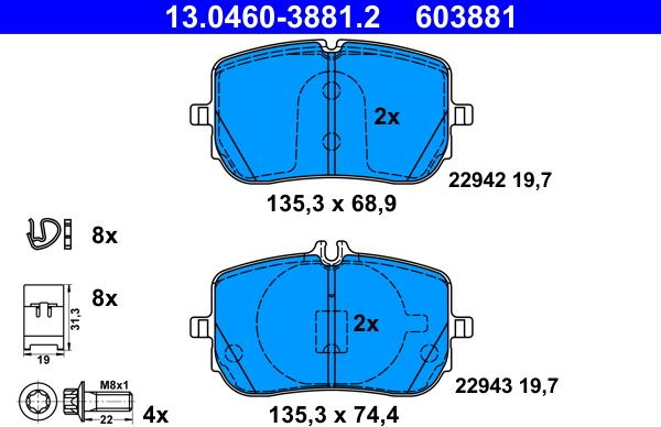 ATE 13.0460-3881.2 - Тормозные колодки, дисковые, комплект autosila-amz.com