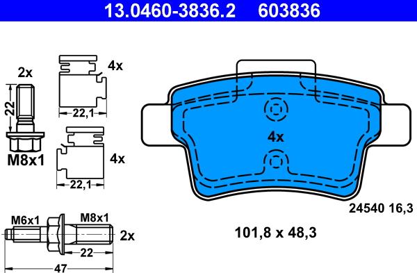 ATE 13.0460-3836.2 - Тормозные колодки, дисковые, комплект autosila-amz.com