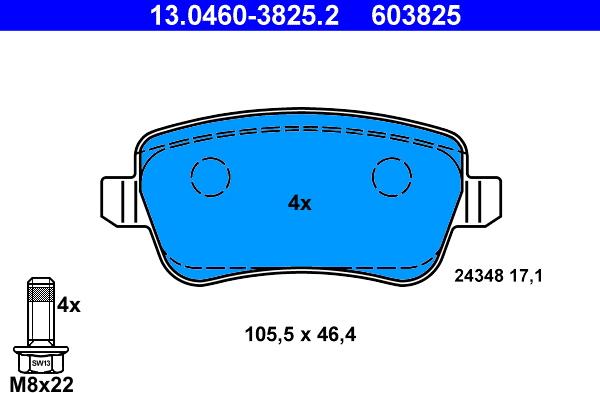 ATE 13.0460-3825.2 - Тормозные колодки, дисковые, комплект autosila-amz.com