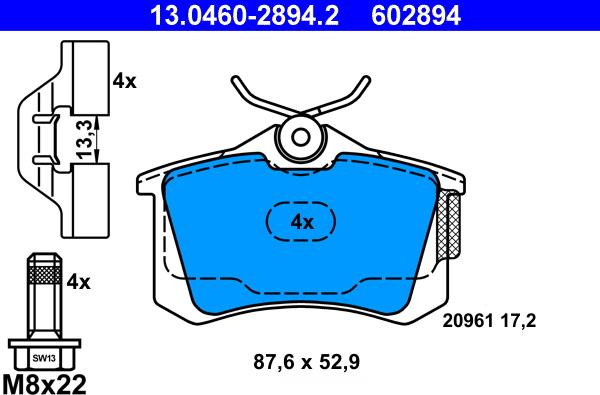 ATE 13.0460-2894.2 - Тормозные колодки, дисковые, комплект autosila-amz.com