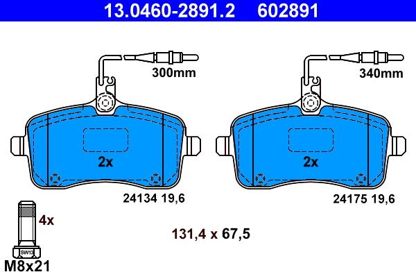 ATE 13.0460-2891.2 - Тормозные колодки, дисковые, комплект autosila-amz.com