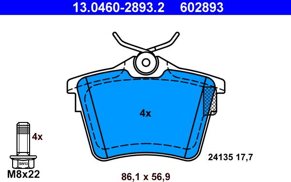 ATE 13.0460-2893.2 - Тормозные колодки, дисковые, комплект autosila-amz.com