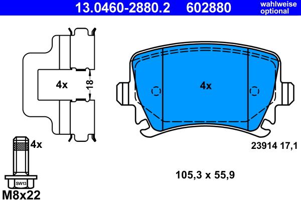 ATE 13.0460-2880.2 - Тормозные колодки задние Audi/Skoda/VW/Seat 1.2-3.6 03- (подготовлено для датчика износа) autosila-amz.com