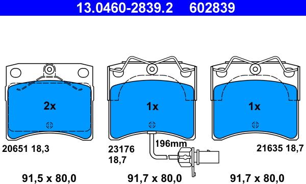 ATE 13.0460-2839.2 - Тормозные колодки, дисковые, комплект autosila-amz.com