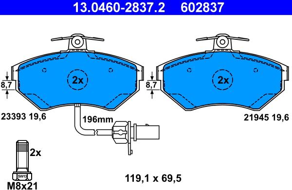 ATE 13.0460-2837.2 - Тормозные колодки, дисковые, комплект autosila-amz.com