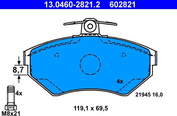 ATE 13.0460-2821.2 - Тормозные колодки, дисковые, комплект autosila-amz.com